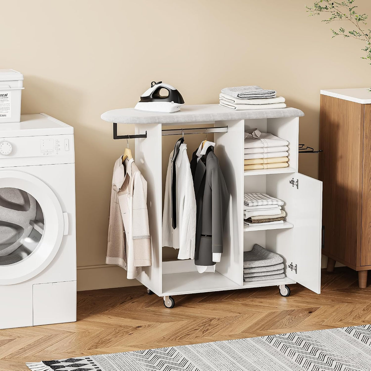 Rolling Ironing Board with Storage Cabinet, Multipurpose Wooden