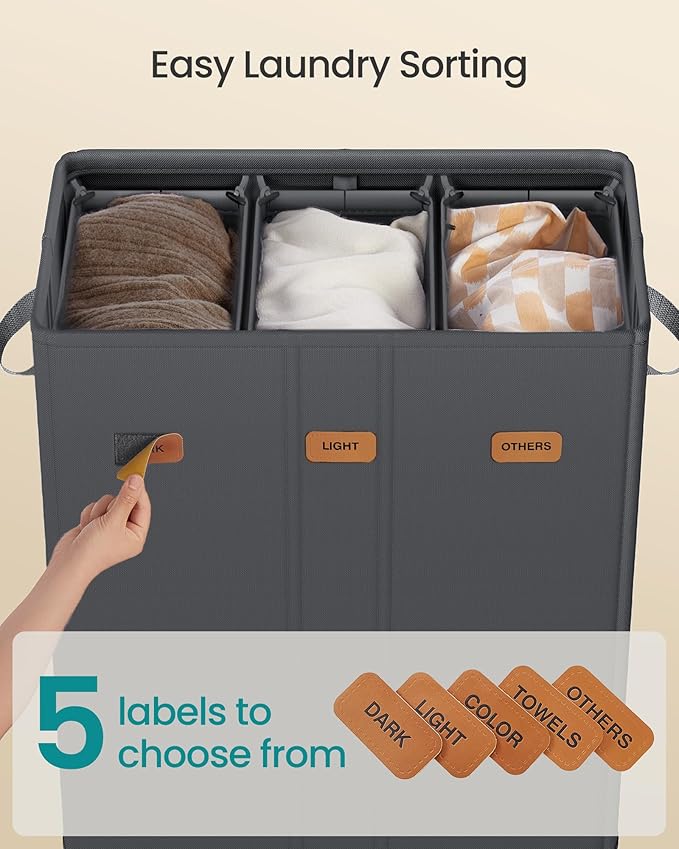 SONGMICS 47.6 Gallon Laundry Hamper, 3-Compartment Laundry Basket Sorter - Image 4