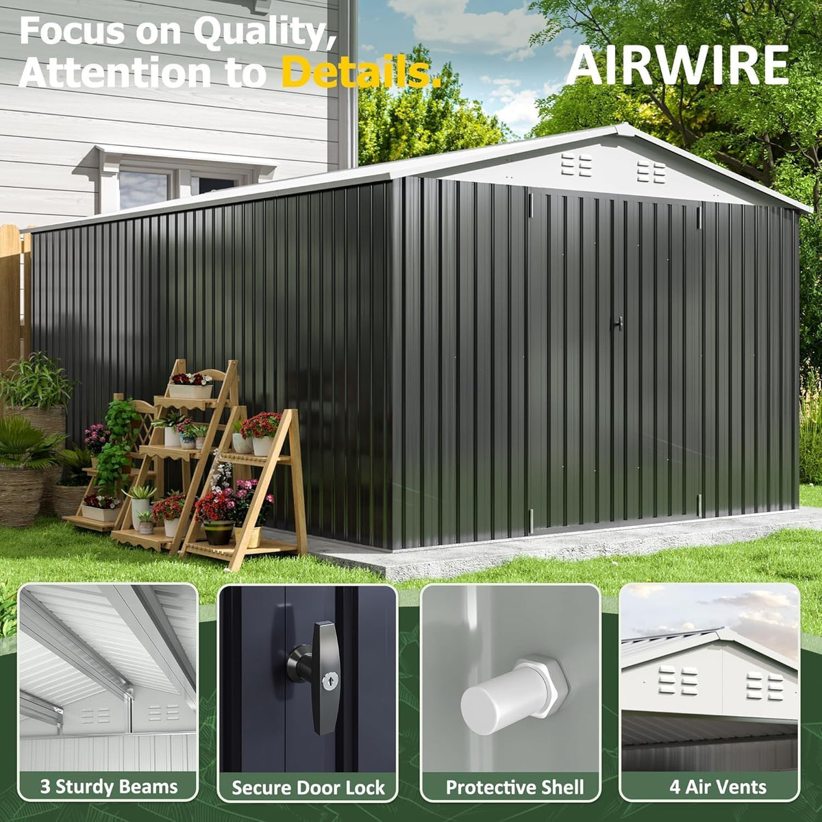 10x14 FT Metal Garden Storage Shed with Updated Frame Structure
