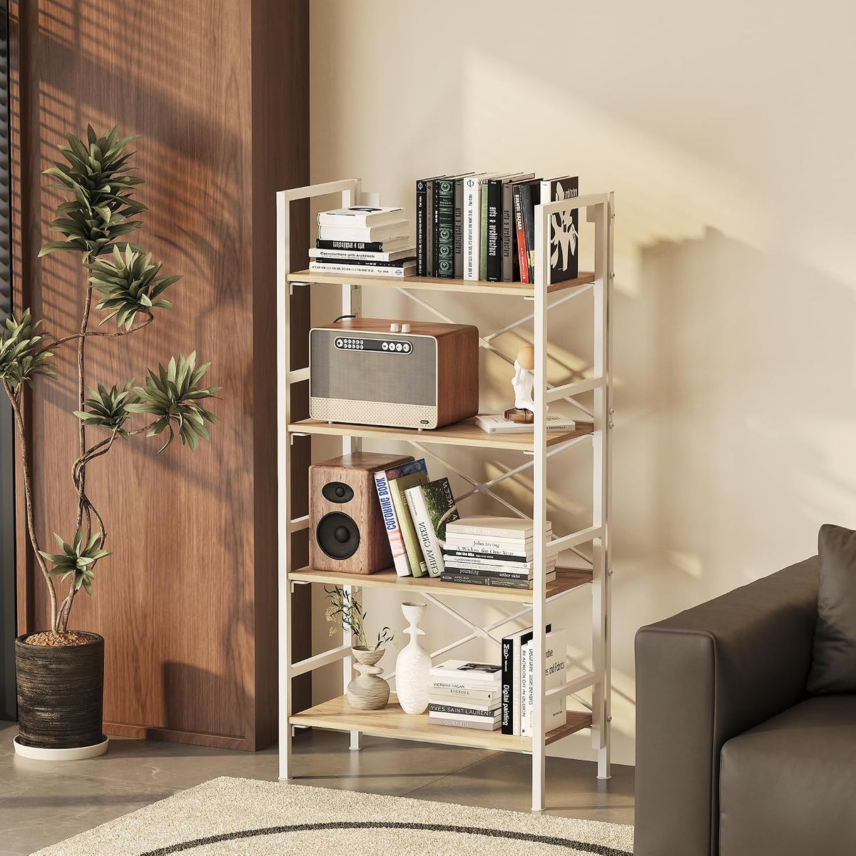Homeiju Folding Bookshelf,4 Tier Bookcase with X-Bracket Design