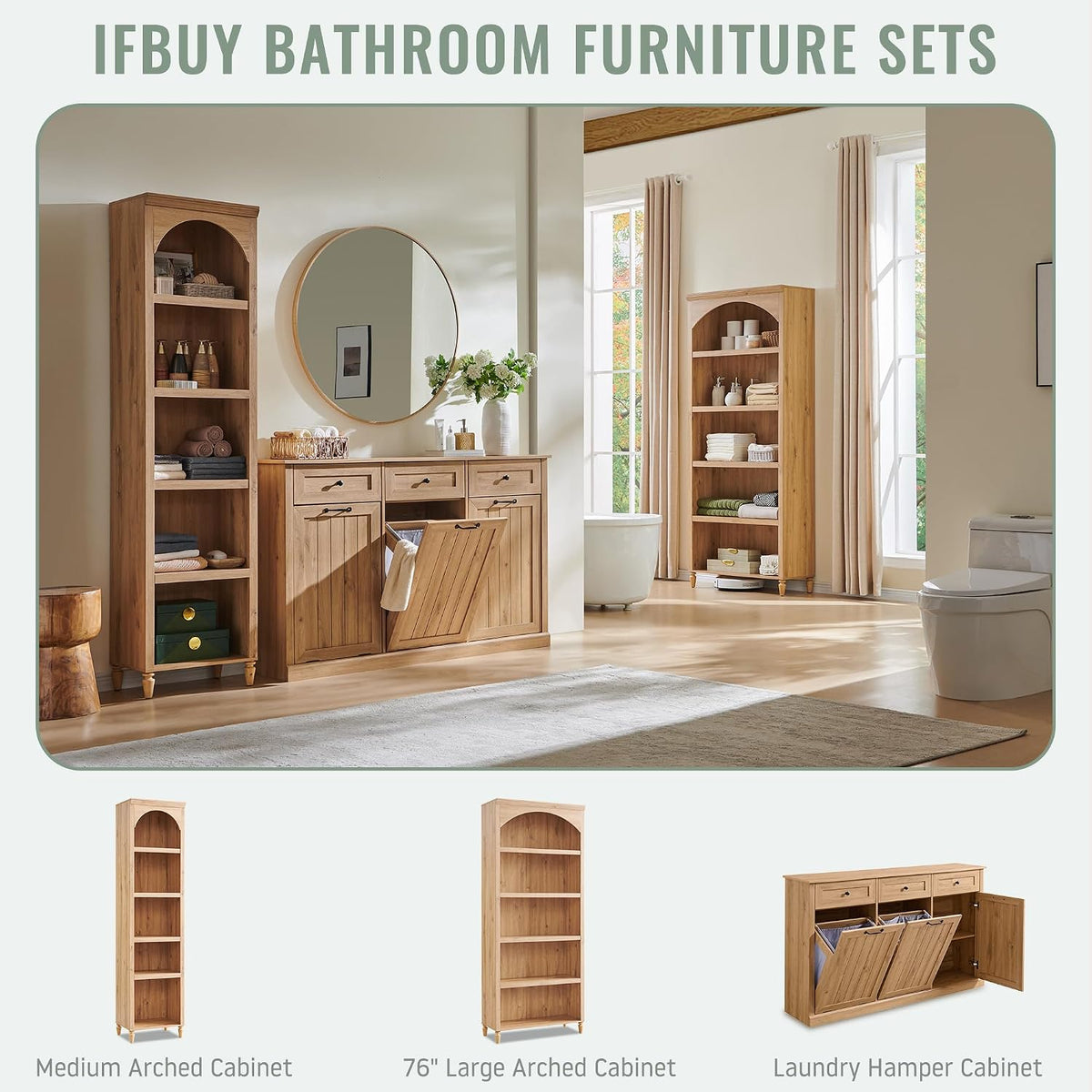 IFBUY Triple Tilt Out Laundry Hamper Cabinet, Trash Cabinet, Natural
