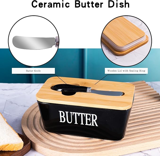 Black Butter Dish with Lid for Countertop, Large Ceramic Covered Butter Stick - Image 3