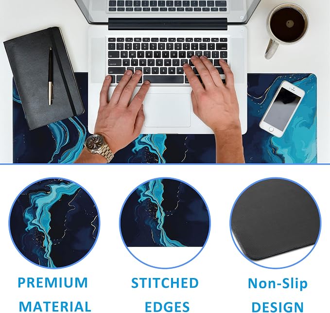 Blue Marble Desk Mat, Large Gaming Mouse Pad, Non-Slip Rubber Base Desk Pad - Image 3
