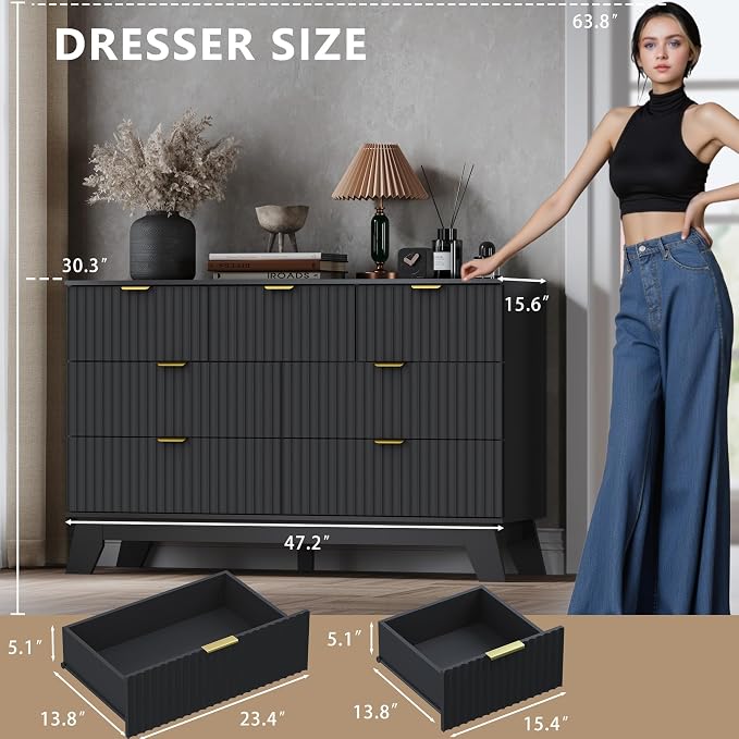 Fluted 7 Drawer Dresser, 47.2" Wide Modern Boho Chest of Drawers, Wooden - Image 2
