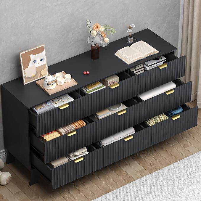 Fluted 9 Drawer Dresser, 57.1" Wide Modern Boho Chest of Drawers, Wooden - Image 4
