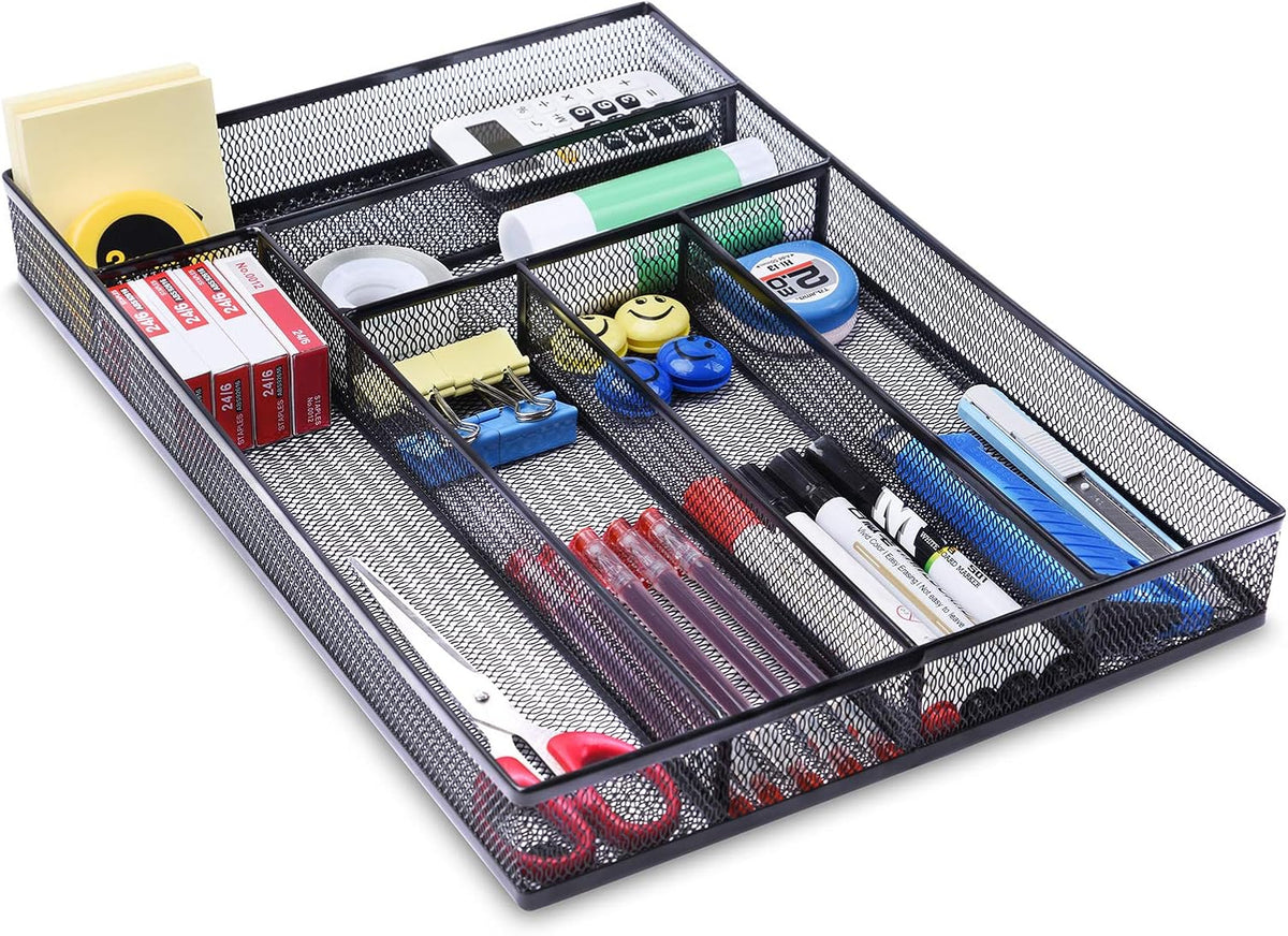 WuGeShop Desk Drawer Organizer with 6 Compartments, Mesh Drawer