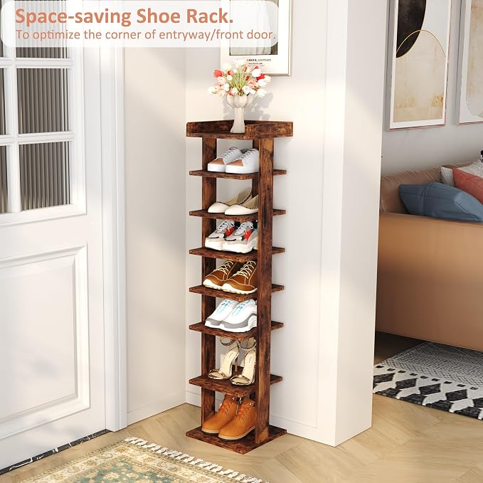 HOMEFORT 7-Tier Wood Shoe Rack, Entryway Shoe Tower, Vertical Shoe Organizer - Image 2