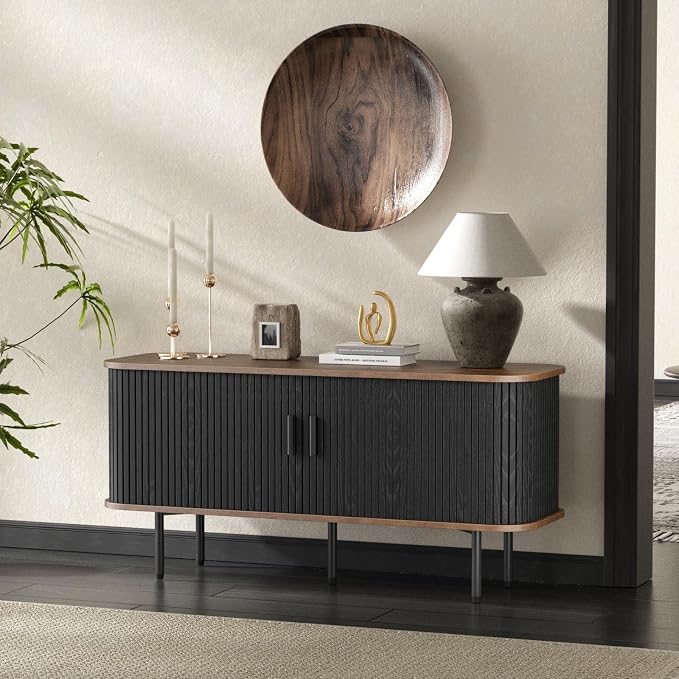 55''W Black Cabinet with Storage, Media Console, Tambour TV Stand, Television by FiveWillowise