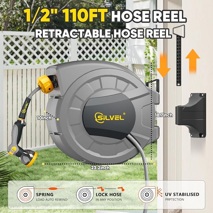 SILVEL 1/2 in x 110 FT Retractable Garden Hose Reel, UV Resistant Heavy Duty - Image 5