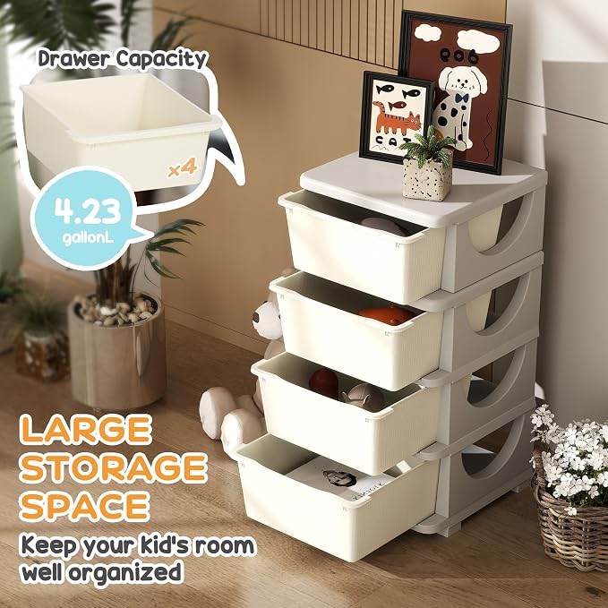 Qaba 4 Tier Kids Storage Unit, 4 Drawer Chest Toy Organizer Plastic Bins - Image 4