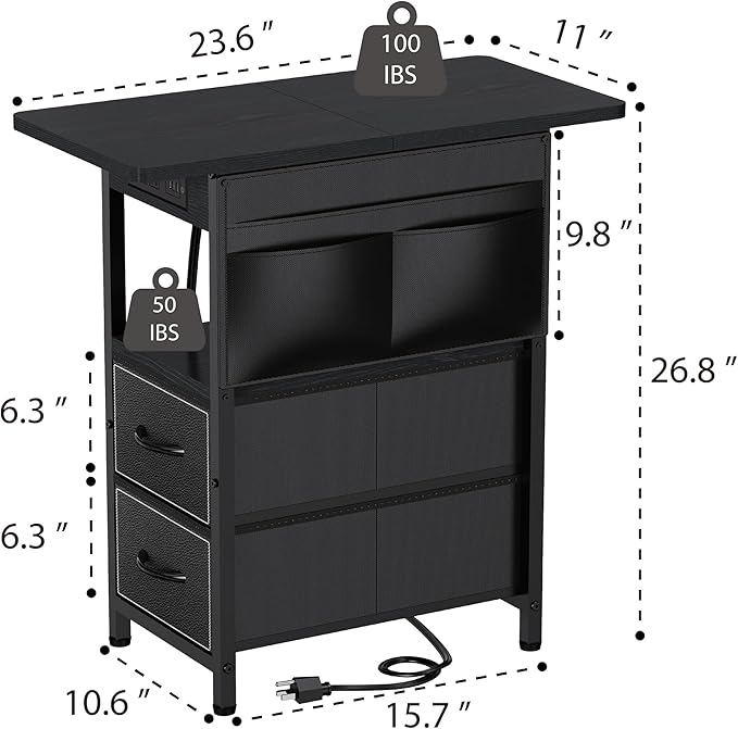 Small Side Table with Charging Station, Narrow Nightstand Bedside Tables with - Image 3