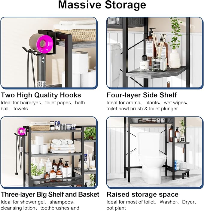 K1 Heavy Duty 7-Tier Over The Toilet Storage（with Basket and Paper Hook） - Image 8