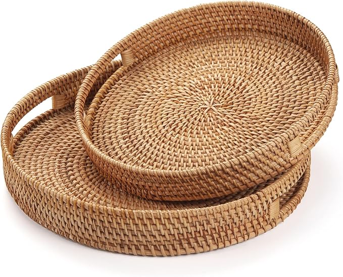 Round Rattan Serving Tray Decorative Woven Ottoman Trays - Image 2