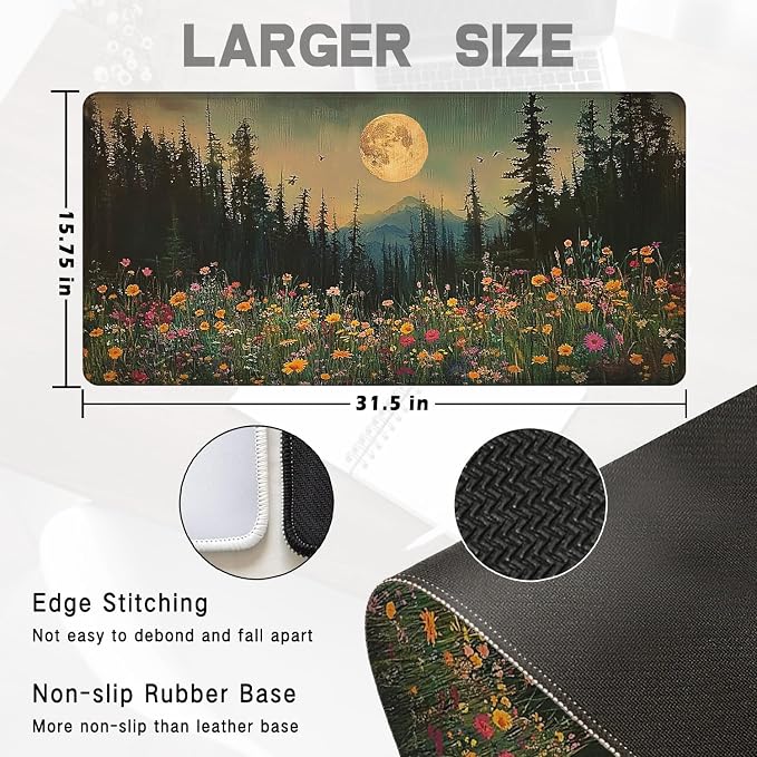 Vintage Moonlit Wildflower Floral Large Mouse Pad 31.5x15.7inch, Retro Nature - Image 2