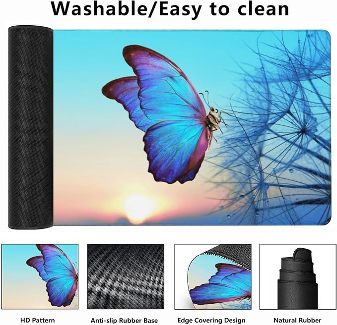 Gaming Mouse Mat Morpho Butterfly and Dandelion Large Mouse Pad Extended Mouse - Image 2
