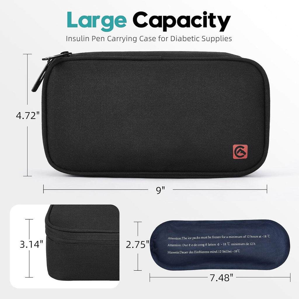 ALLCAMP Insulin Travel Cooler Case, Large Capacity, 4 Ice Packs, Black