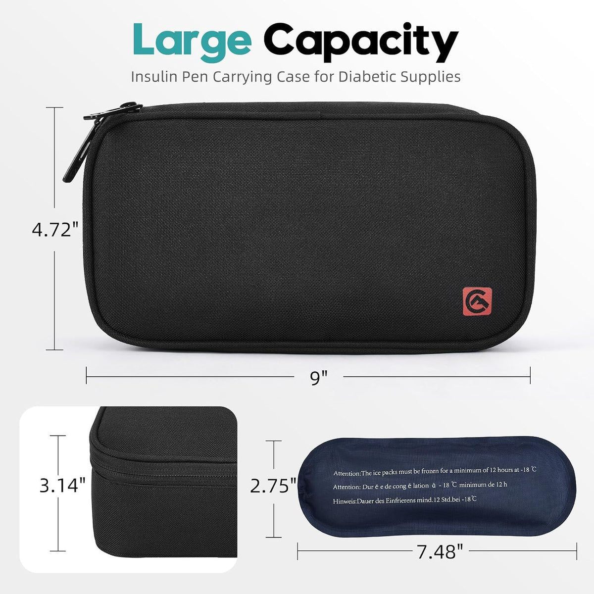 ALLCAMP Insulin Travel Cooler Case, Large Capacity, 4 Ice Packs, Black