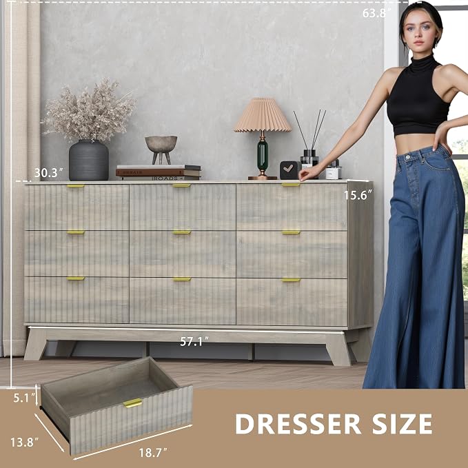 Fluted 9 Drawer Dresser, 57.1" Wide Modern Boho Chest of Drawers, Wooden - Image 2