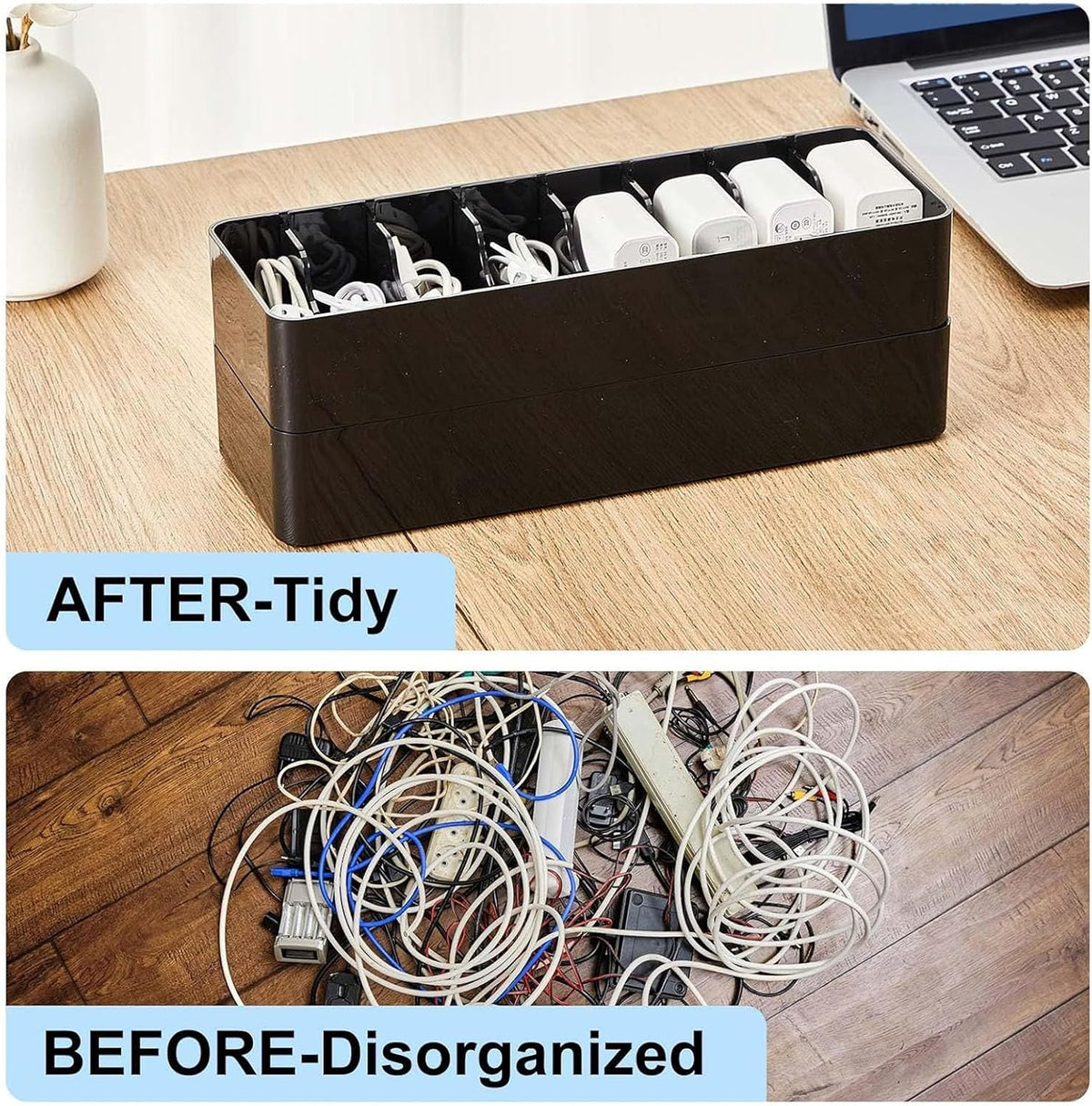 Tatuo Cord Organizer Box with Lid, Black, 1 Pack