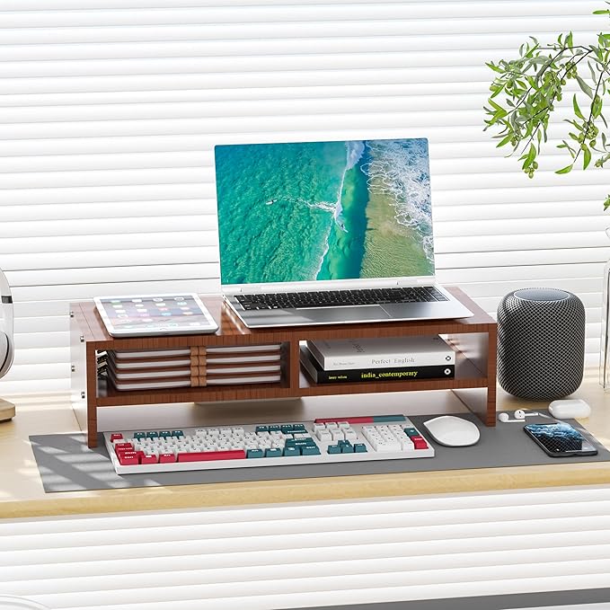 Monitor Stand Riser with Storage, 2 Tier Desk Organizer & Desktop Wood Shelf - Image 7