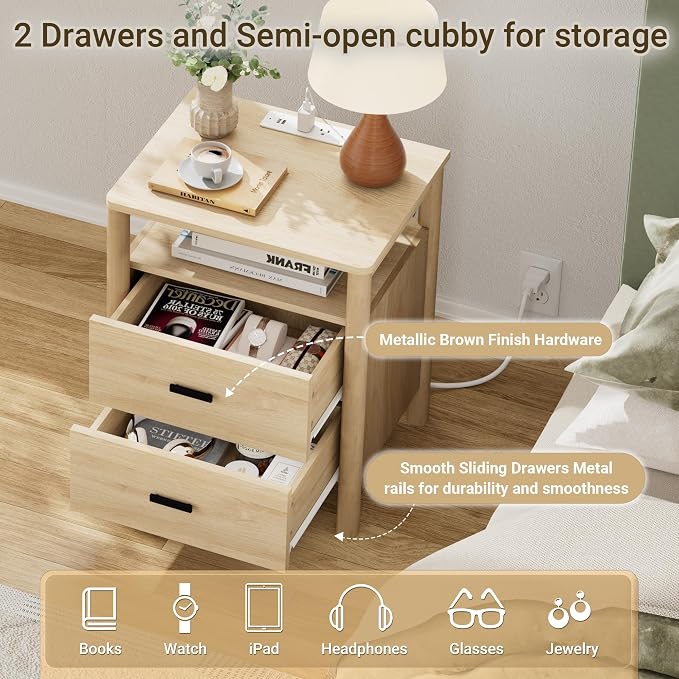 Night Stand Set of 2 with Charging Station, 2 Drawers End Table with Open Shelf - Image 5