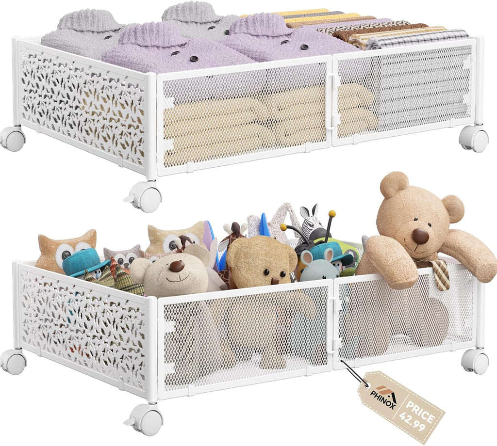 Under Bed Storage Container with Wheels,Patterned,Metal,2 Pack,White
