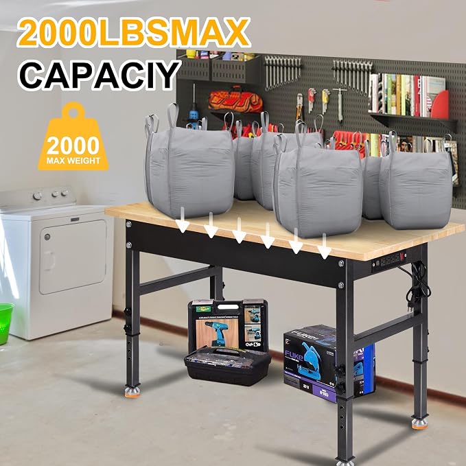 48" Adjustable Work Bench, Rubber Wood Top Workbench Heavy-Duty Work Table - Image 4