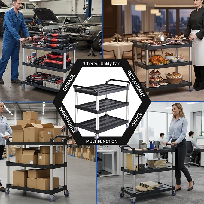 3 Tier Rolling Cart with Hair-Proof Wheels, Plastic Utility Service Cart - Image 7