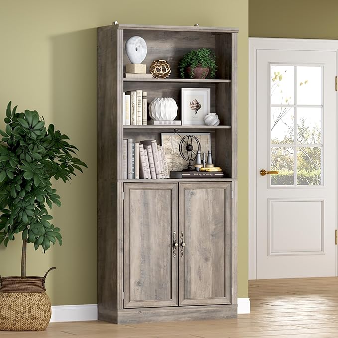 71.4" Tall Bookshelf with Cabinet, 5-Tier Floor Standing Bookcase with Doors & by BORNOON