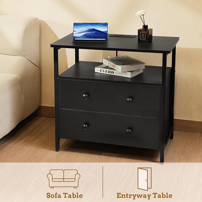 27 inch Wide Night Stand with Charging Station, Bedside Table with Open Shelf - Image 8