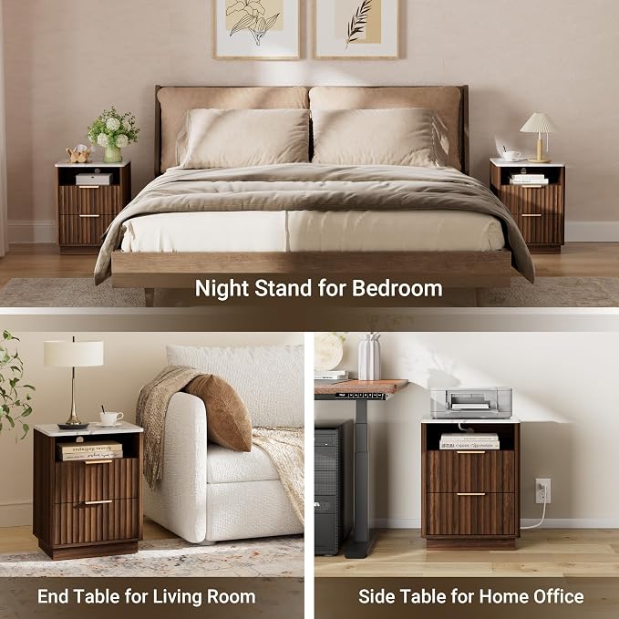 Fluted Night Stand with Charging Station, 2 Drawers End Table with Storage - Image 7