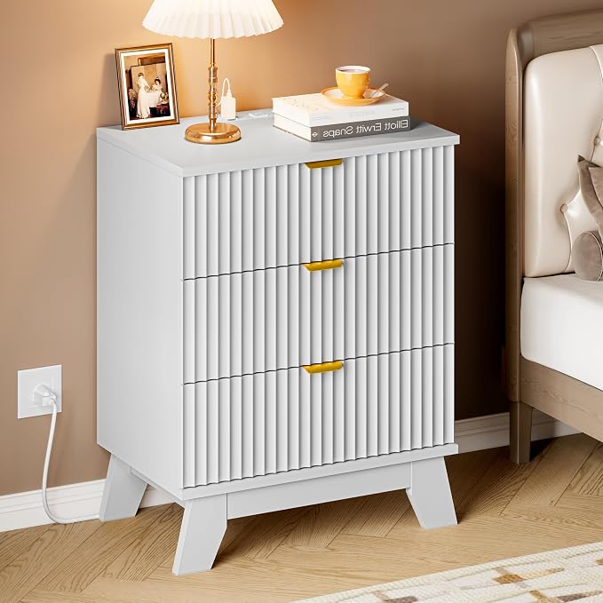 30.5" Nightstand with Charging Station, 3-Drawer Fluted Bedroom Chest, Wood - Image 6
