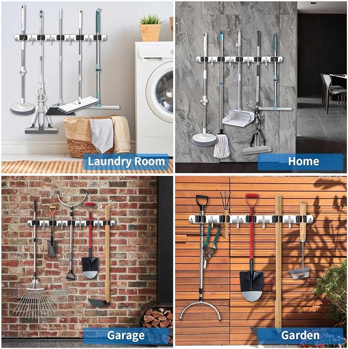 2 Pack Wall Mount, Stainless Steel Broom Hanger, Heavy Duty Mop and Broom - Image 5