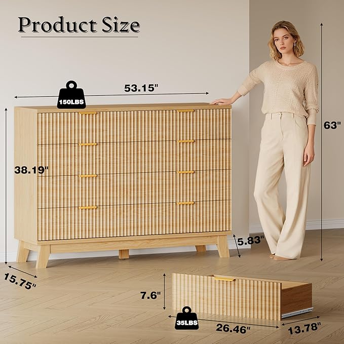 53" Tall Dresser for Bedroom, 8-Drawer Fluted Chest of Drawers, Modern Wood - Image 2