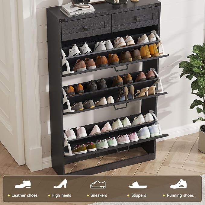 Shoe Cabinet with 3 Flip Drawers & 2 Drawers, Freestanding Shoe Storage Cabinet - Image 4