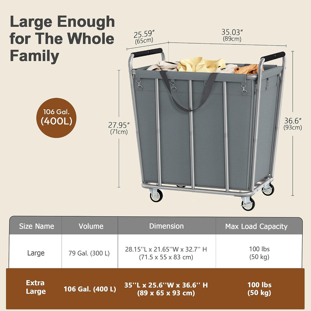 Hoctieon Large Laundry Cart with Wheels, 400L Heavy Duty Laundry