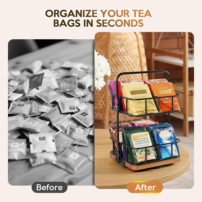 Rotation 2 Tier Tea Bag Organizer, Iron Art Tea Organizers, Acacia Wood Stand - Image 6