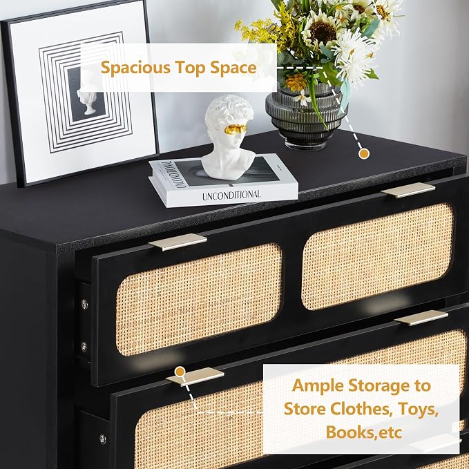 LEVNARY 5 Drawer Chest Dresser, Rattan Tall Dresser 5 Chest of Drawers Dressers - Image 5