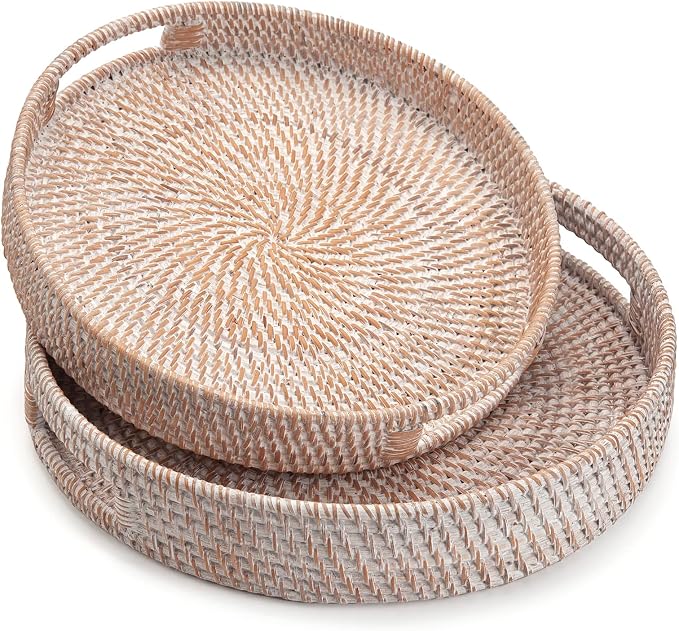 Coffee Table Tray Round Rattan Ottoman Tray Woven Serving Trays - Image 5