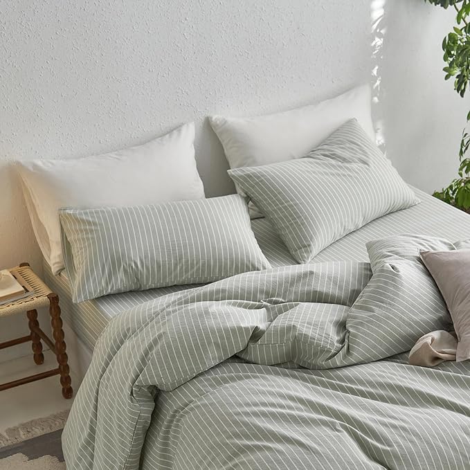 MooMee Bedding Pillowcases Striped Pack of 2 100% Washed Cotton Linen Like - Image 3