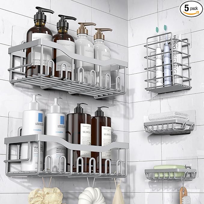 EUDELE 5-Pack Rustproof Stainless Steel Shower Caddy Set– No Drill Adhesive by EUDELE