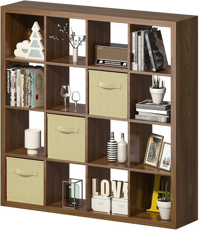 Bookshelf with Storage Bins, 16-Cube Storage Organizer Sturdy Wooden Cube by furtble