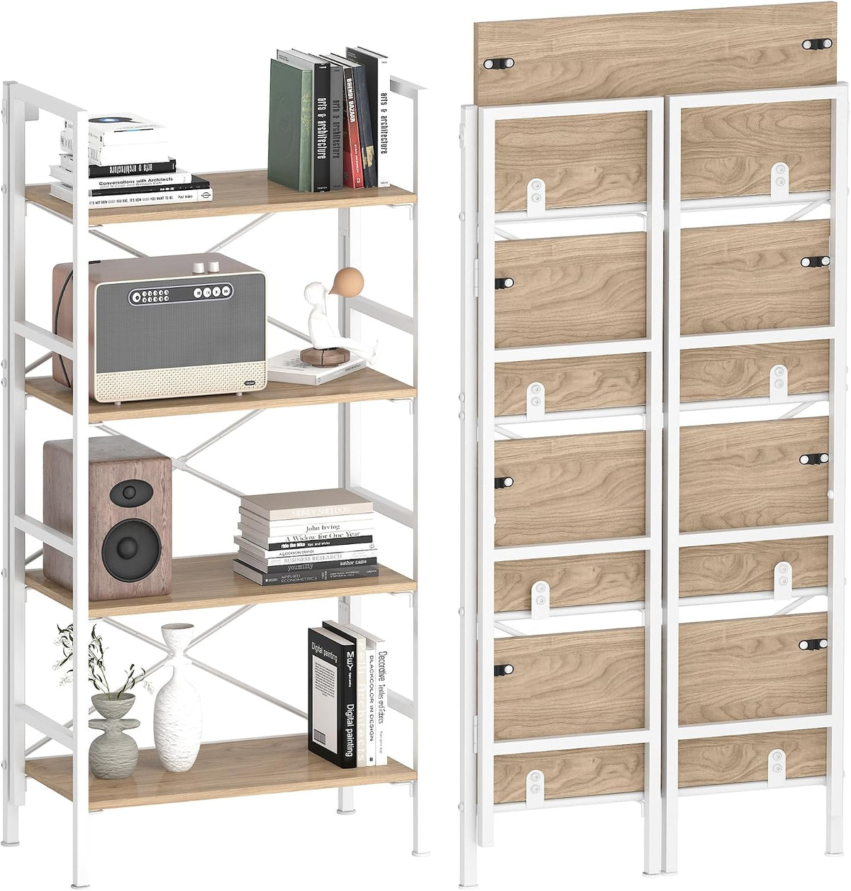 Homeiju Folding Bookshelf,4 Tier Bookcase with X-Bracket Design