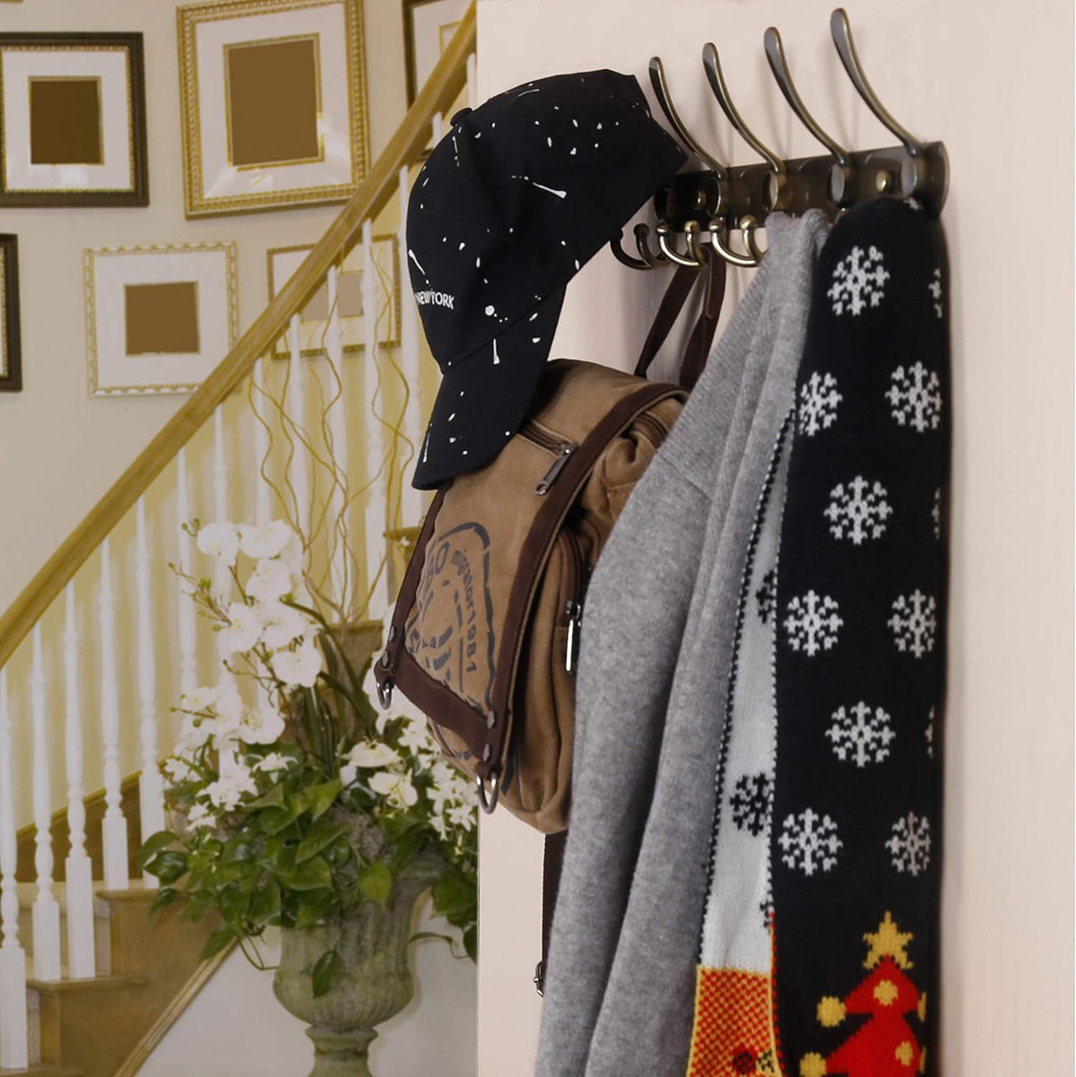 Wall Mounted Coat Rack - 5 Tri Hooks, Heavy Duty, Stainless Steel