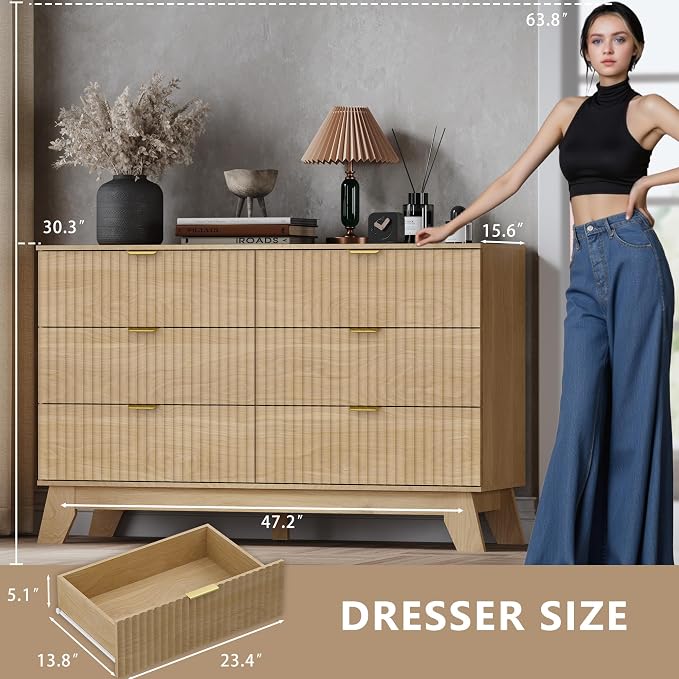 Fluted 6 Drawer Dresser, 47.2" Wide Modern Boho Chest of Drawers, Wooden - Image 2