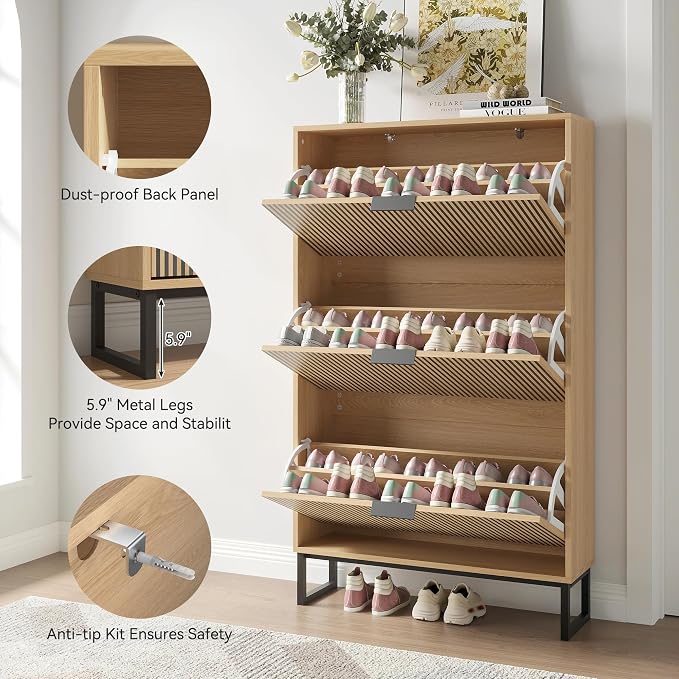 Shoe Cabinet with 3 Flip Drawers Set of 2, Narrow Wood Shoe Cabinet Storage - Image 5