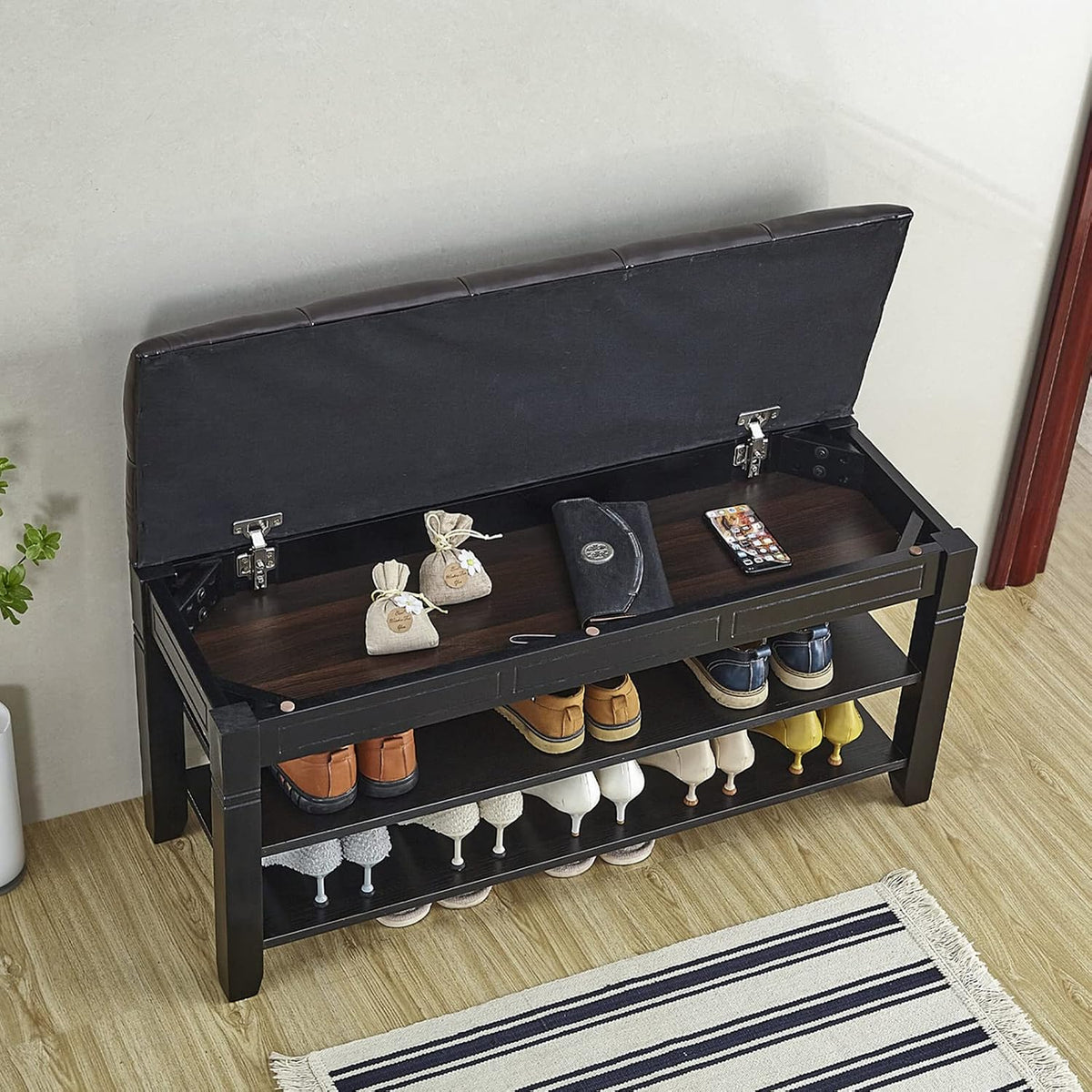 LEILISI Shoe Bench, Storage Rack Organizer with Cushion 2 Tier Lift