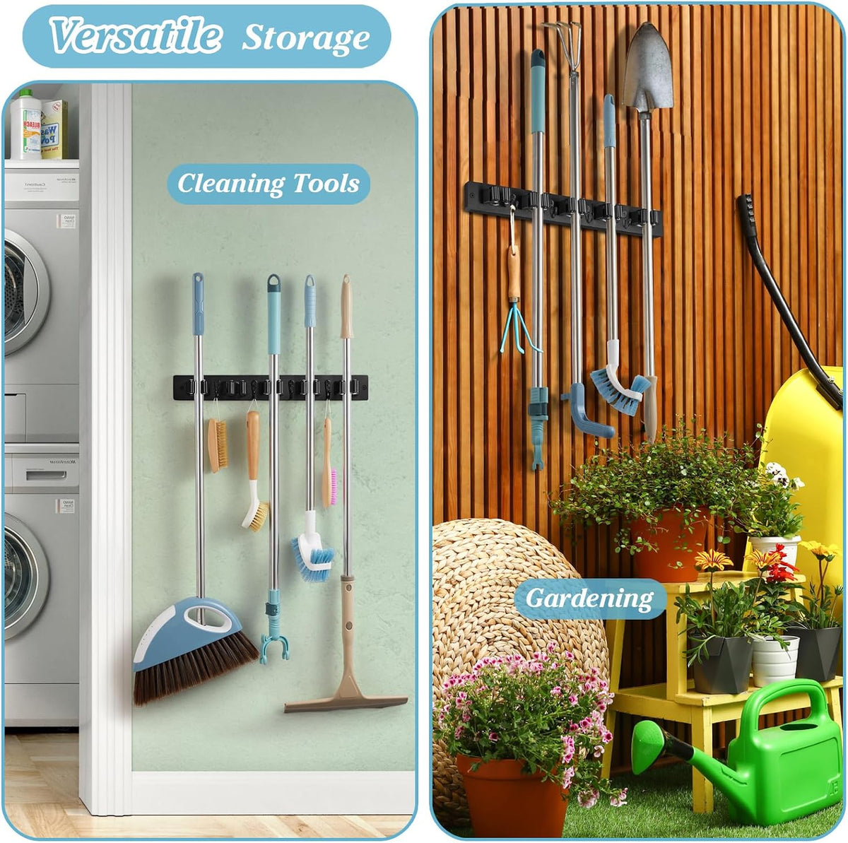 Black Broom Holder Wall Mount - Heavy Duty Wood Mop and Broom