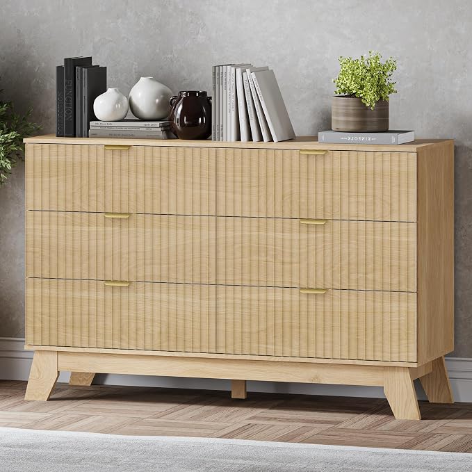 Fluted 6 Drawer Dresser, 47.2" Wide Modern Boho Chest of Drawers, Wooden by BORNOON
