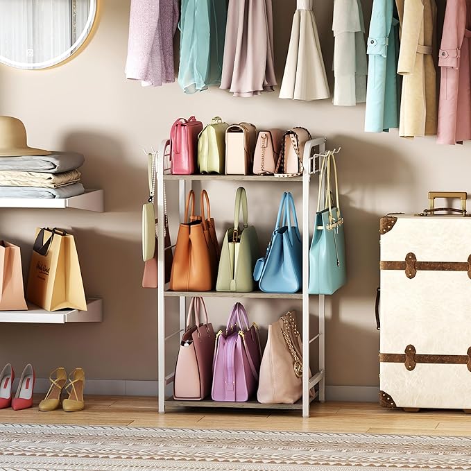 White Purse Organizer, 3-Tier Floor Standing Bag Rack Stand Featuring Side - Image 6